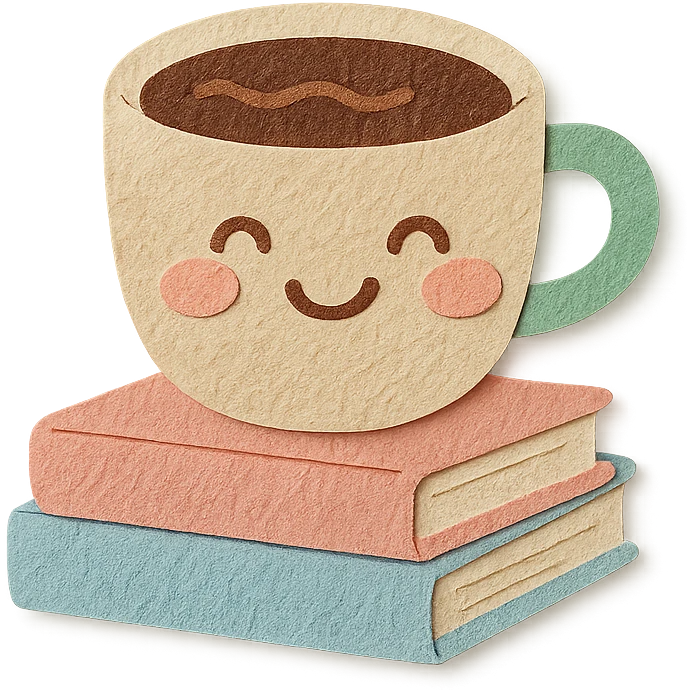 coffee cup with stack of books, smiling face, cozy hand-drawn pastel style emoji