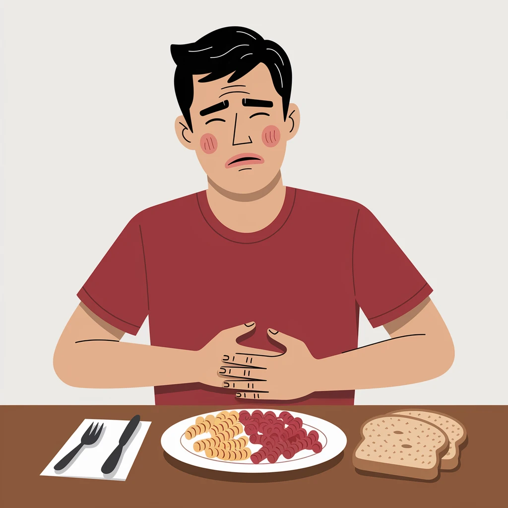 A man in his mid-30s sitting at a kitchen table with a plate of pasta and bread in front of him, looking uncomfortable and conflicted. His facial expression shows bloating, fatigue, and mild abdominal pain. One hand is on his stomach, the other hesitating to eat. emoji