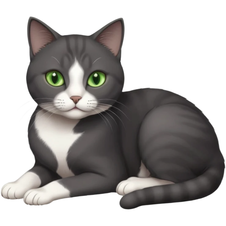 beautiful female solid dark grey cat with green eyes, white toes/paws and white patch on her chest lying down emoji