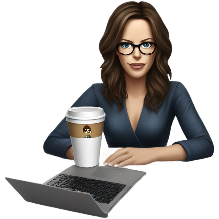 Hyper Realistic Kate Beckinsale dark blue eyes wearing glasses drinking coffee at a laptop  emoji
