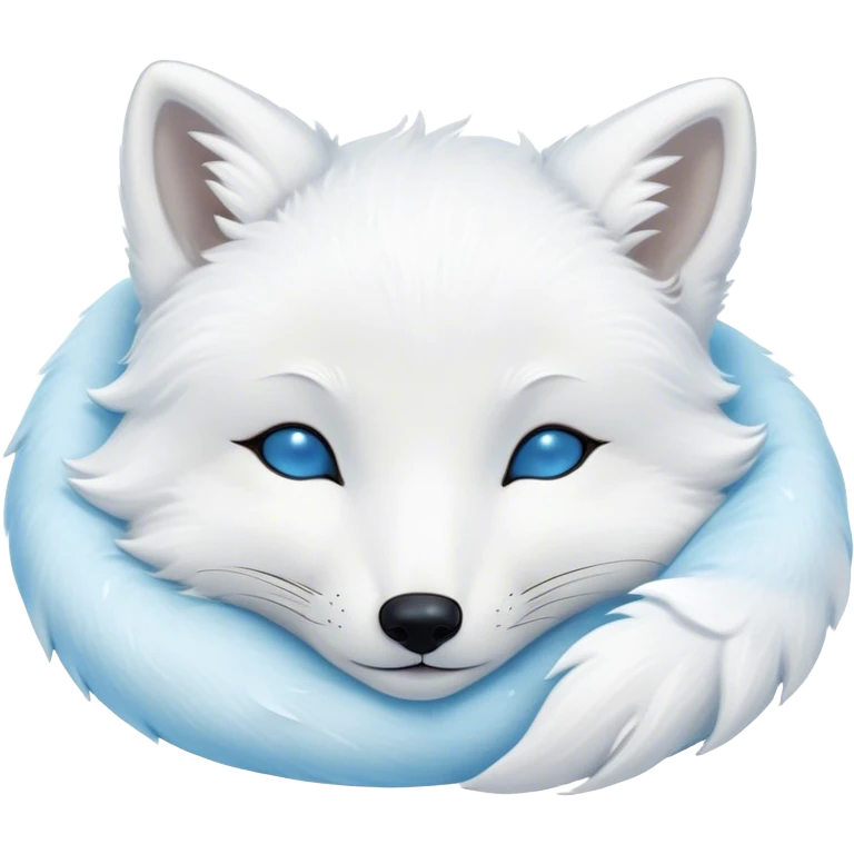 Meme-Worthy Cute Sleeping Arctic Fox Portrait Emoji, Head resting peacefully with a contented smile, showcasing a compact, agile build and a luxuriously soft white Fur with delicate icy blue accents, eyes shut in a serene, restful nap, Simplified yet hilariously adorable features, highly detailed, glowing with a soft, drowsy light, high shine, relaxed and utterly lovable, stylized with an air of playful laziness, bright and heartwarming, soft glowing outline, capturing the essence of a comically sleepy arctic fox, so meme-worthy it feels like it could instantly become the next viral sensation of adorable slumber! emoji