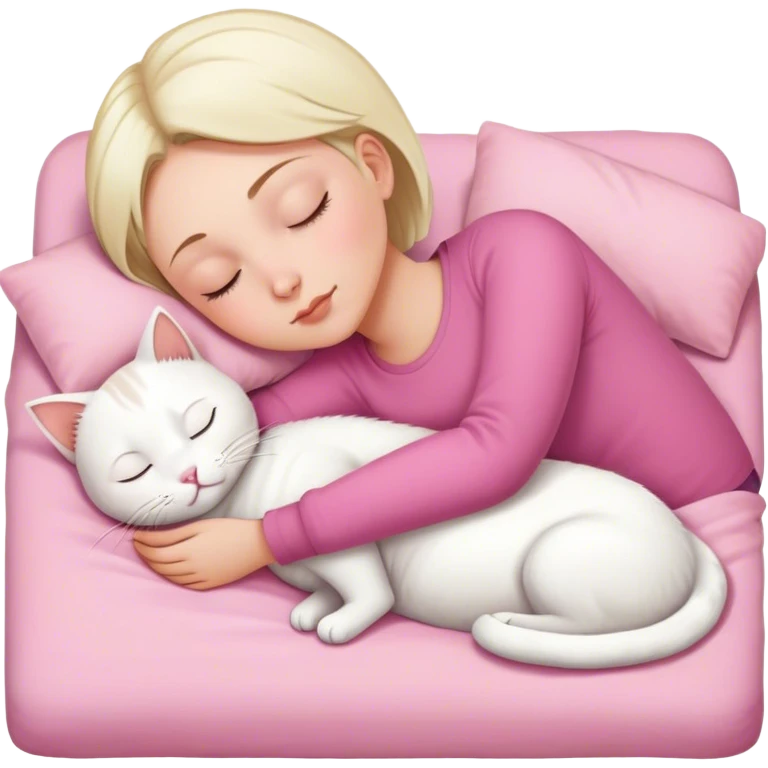 White cat sleeping with white girl short hair in pinky bed  emoji