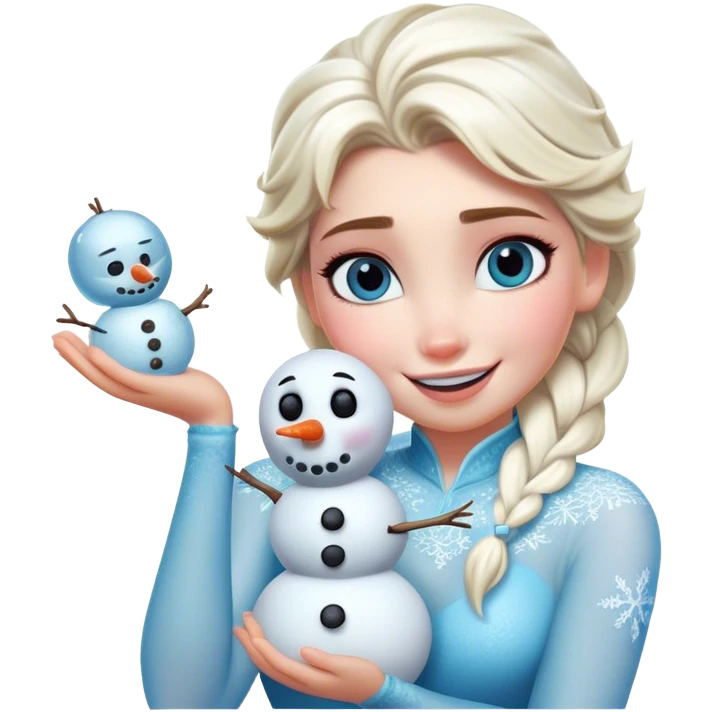 Cinematic Funny Elsa Portrait Emoji, Making a tiny snowman in her hands with a proud grin, looking smug as it dances, an unexpectedly hilarious moment of icy creativity! emoji