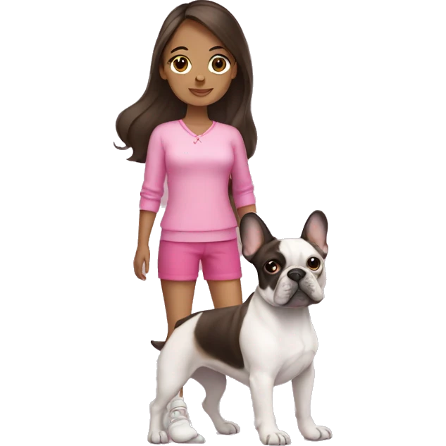 a brunette girl wearing a pink outfit holding a french bulldog emoji