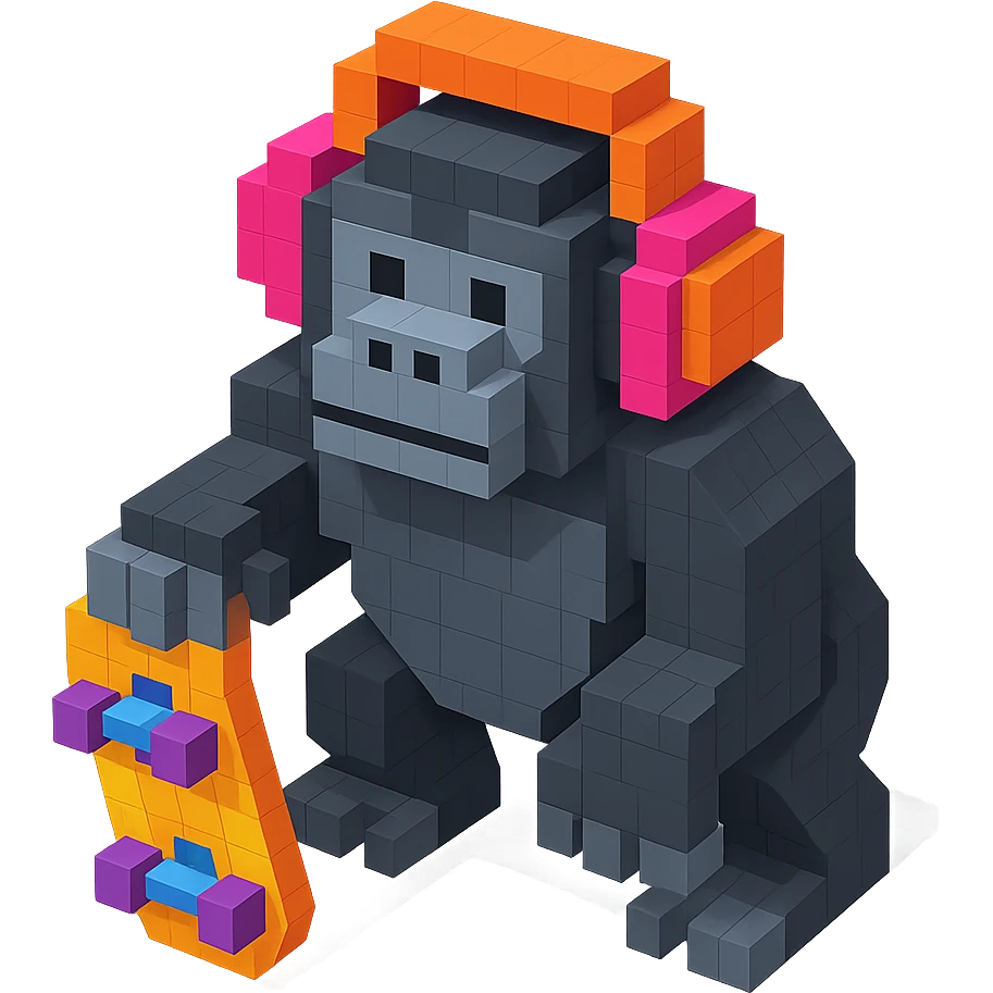 gorilla with headphones holding a skateboard, isometric view, voxel style emoji