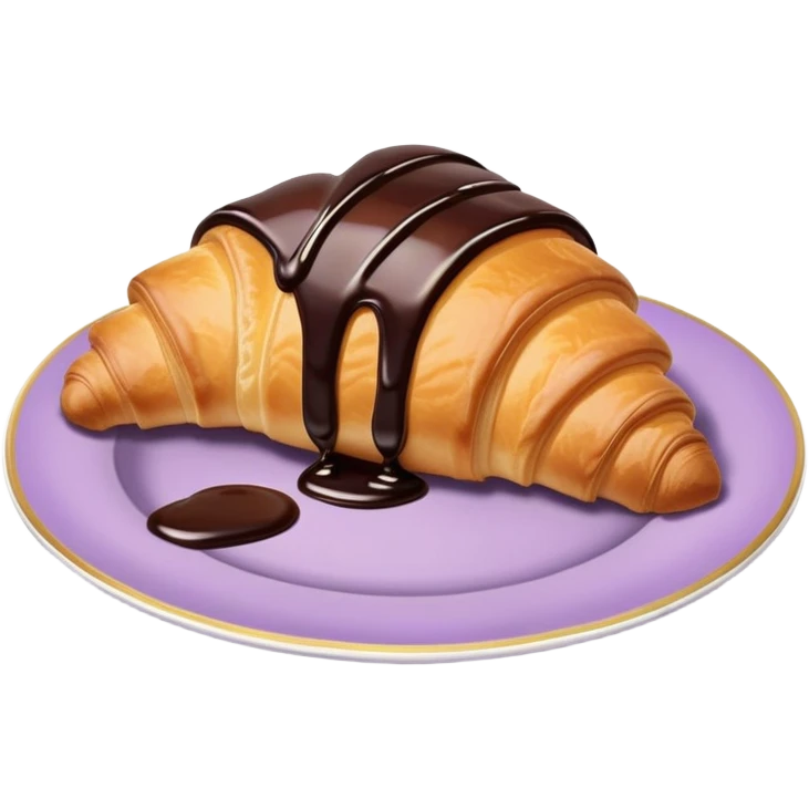 There's a croissant with chocolate syrup in a vintage pale purple plate. emoji