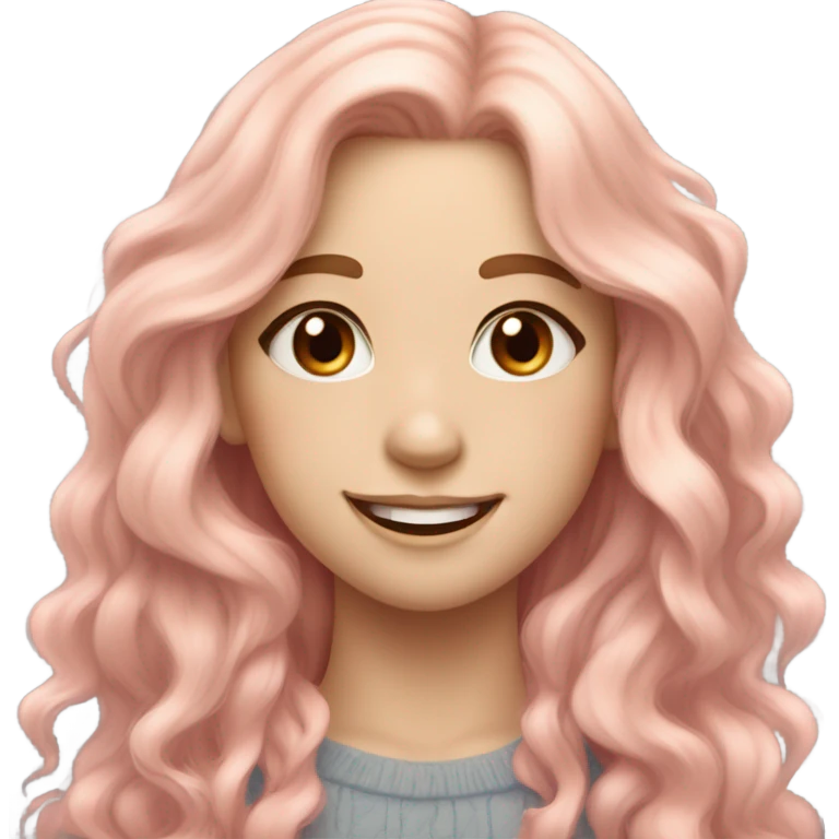 Pretty girl with long wavy peachy pastel pink hair, pale skin, brown doe eyes, light makeup, smiling gently, beautiful emoji