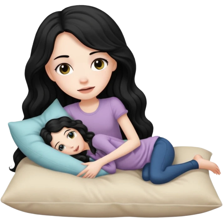 Fullbody nude tall very beautiful white pale very skinny girl  very beautiful face and eyes wavy black long hair , big boobs, big ass, sexy body, bending over a bed spreading ass, vagina bushy and visible, getting ready for sex,  shy and blushing, she has a pillow between legs emoji