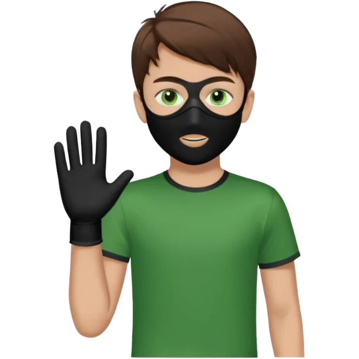 Chico de pelo marrón y ojos verdes. Con un cubre bocas negro, que tiene una camisa verde por encima de una remera blanca, y tiene un guante negro en una sola de las manos. emoji