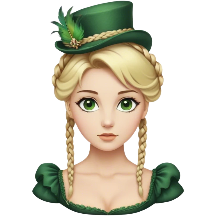 lady with Pale complexion, sharp features, high cheekbones, Blonde hair, usually styled in regancy braided updo, green eyes accessorized with a feathered small hat, royal emoji