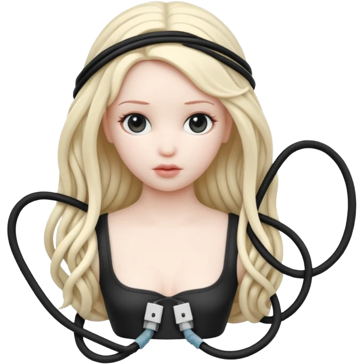Plastic doll tightly bound with tangled AUX cables. emoji