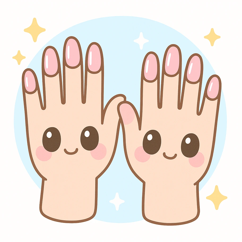 pink cute press on nails on cute hands, kawaii style, soft colors, adorable details emoji