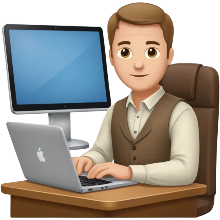 Mach mir einen Trader der in einem Schreibtischstuhl sitzt mit einem Laptop. vor sich am tisch emoji