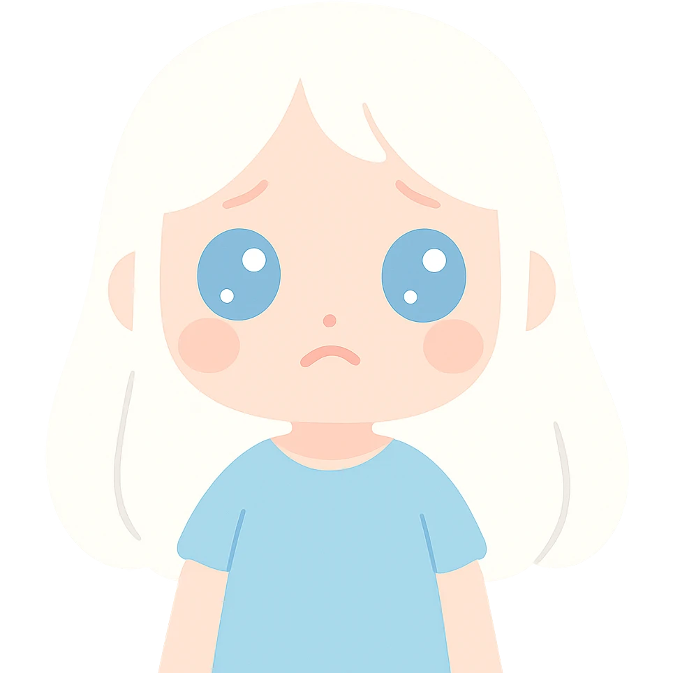 A girl with long white hair, blue eyes, sad and tired, wearing a blue dress. emoji
