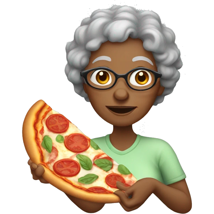 Elderly black woman with gray curly hair eating pizza emoji
