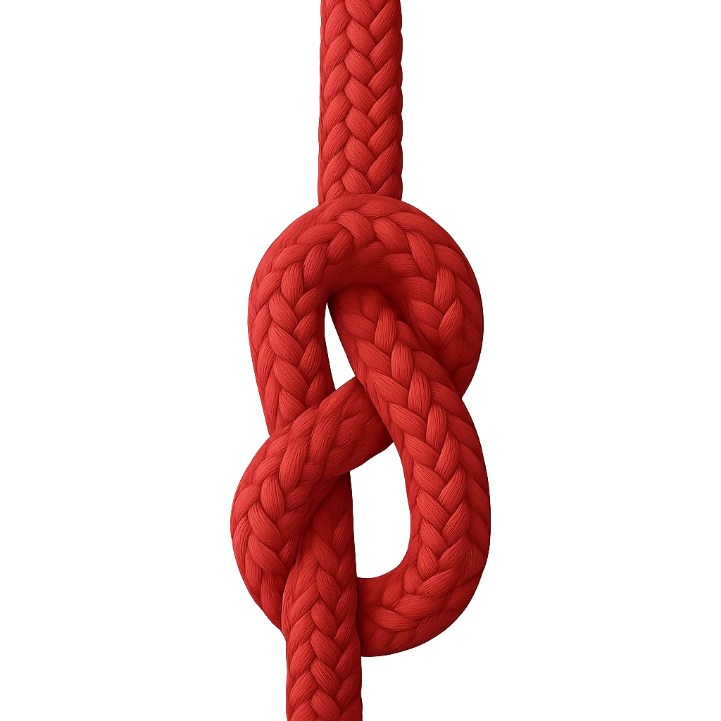 Create an apple-style emoji of a vertical red rope with a simple realistic knot in the middle. The knot should be clear and classic, not resembling a pretzel shape. The style should match the classic apple emoji look. The background should be transparent. emoji