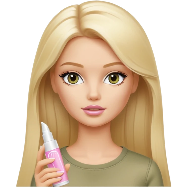 A white Barbie girl with long blonde straight hair in pale olive clothes smears by hand cosmetic cream on her face emoji