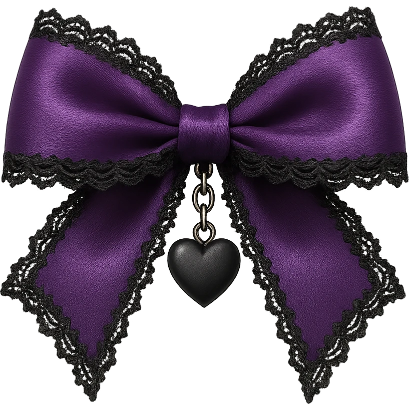Purple gothic bow with black lace trim and heart charm, remove background emoji