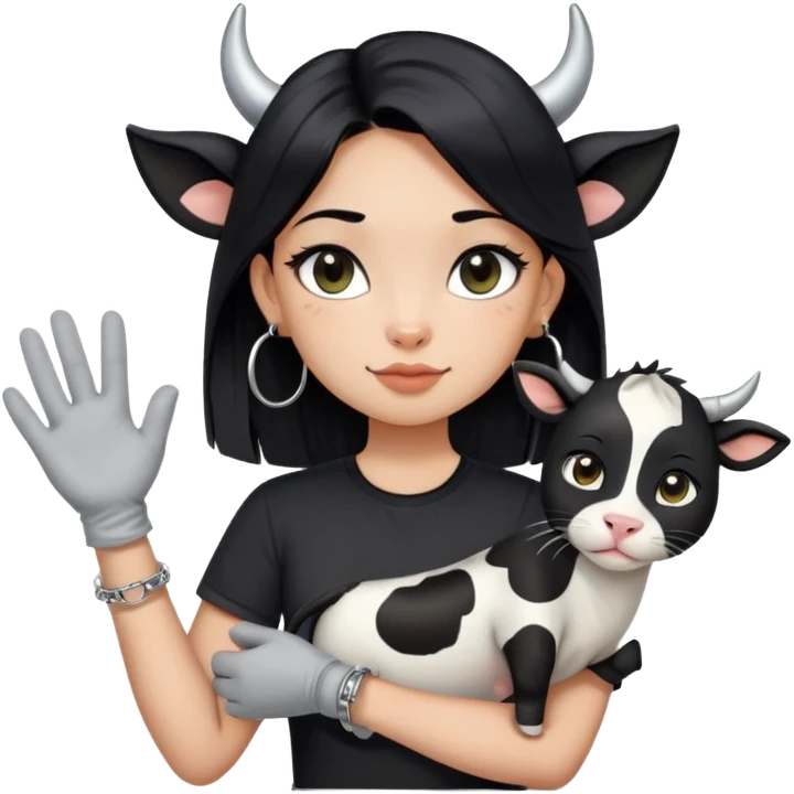 A girl with long straight black hair has upward-slanting eyeliner. She is wearing large silver hoop earrings, a black short-sleeved shirt, and a bracelet on her left hand. She is holding a cow cat with a black face and white "gloves". emoji