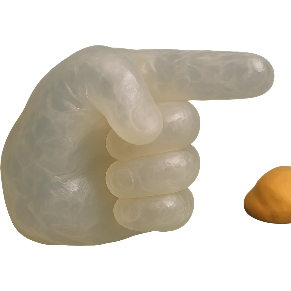 retro, hyper-realistic hand with transparent, cloudy, clear-skin plastic texture, pointing with index finger, soft, squishy, gummy-like, soft reflections, no shine, no background transparent, intricate details, reminiscent of high-end 90's toys emoji