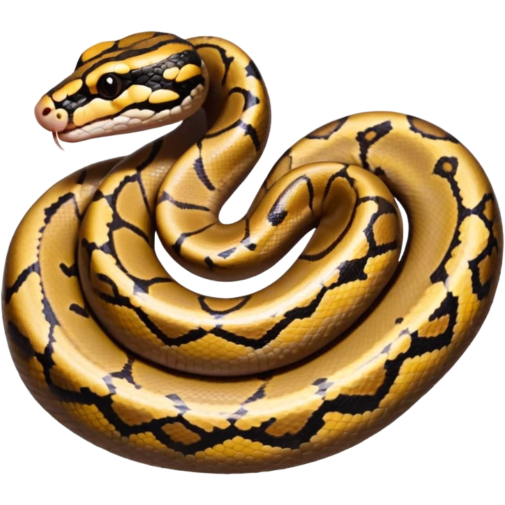 A photo-realistic top-down view of a Ball Python gently coiled into a tight spiral, with its head resting peacefully at the center. The pattern flows smoothly around the curves of its body, emphasizing its natural camouflage and calm demeanor. emoji