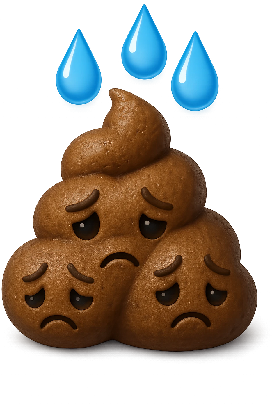 emoji stile iphone di una montagnetta di feci umane realistiche a palline tristi con sopra un simbolo delle gocce di acqua, iperrealistico 4k emoji