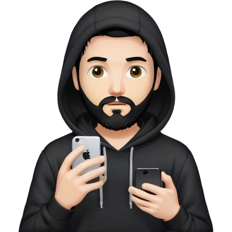 hackeur blanc cheveux noir barbe et capuche noir avec un iphone emoji