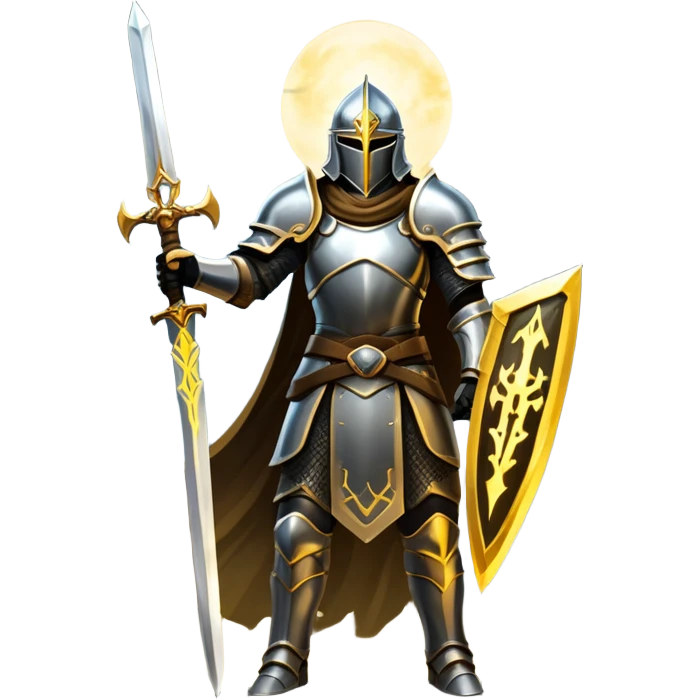 An icon representing a role-playing game (RPG), inspired by Elden Ring. The design features a warrior in armor, holding a sword, standing in front of a mystical, dark landscape with glowing runes and a distant castle. The atmosphere evokes epic quests, exploration, and intense battles. Transparent background emoji