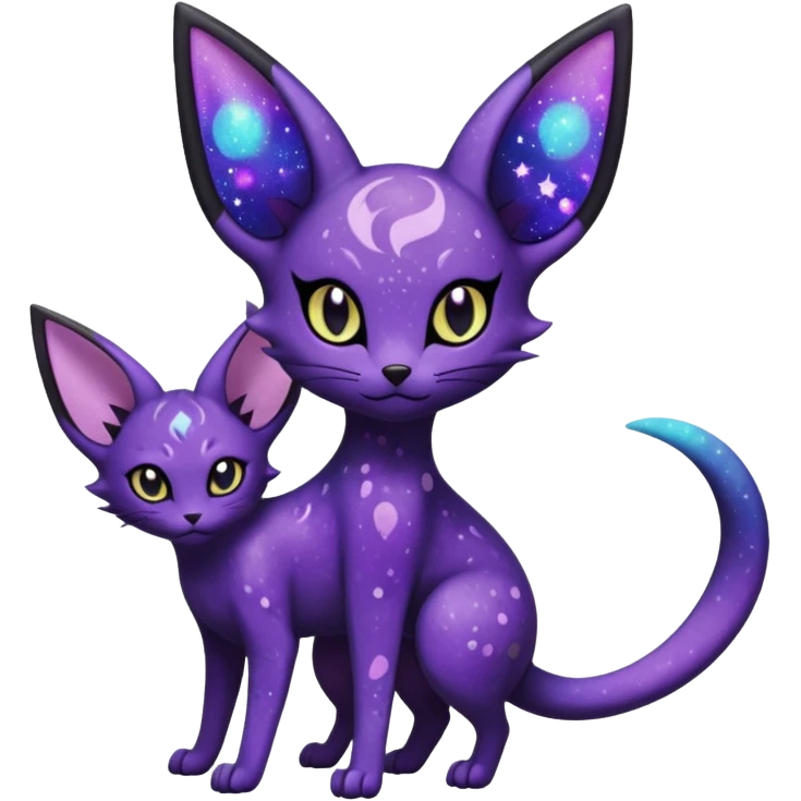 Obsidian Black Iridescent Deep-Violet Cosmic-Speckled Nebula-Marked Espeon-Noibat-Purrloin-hybrid-creature (full body) emoji