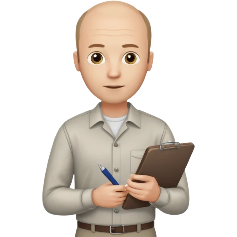 man mid 30's shirt and trousers balding hairline standing holding a clipboard emoji