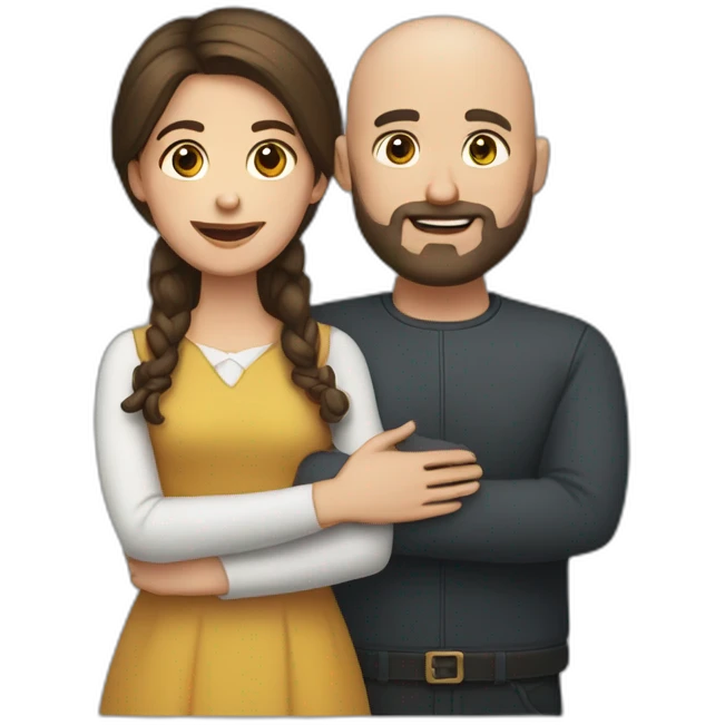 brunette girl (hair mid length) and bald guy with beard, golding hands together emoji