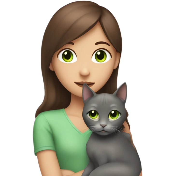 Brunette girl with cinnamon skin hugging a grey cat with green eyes  emoji