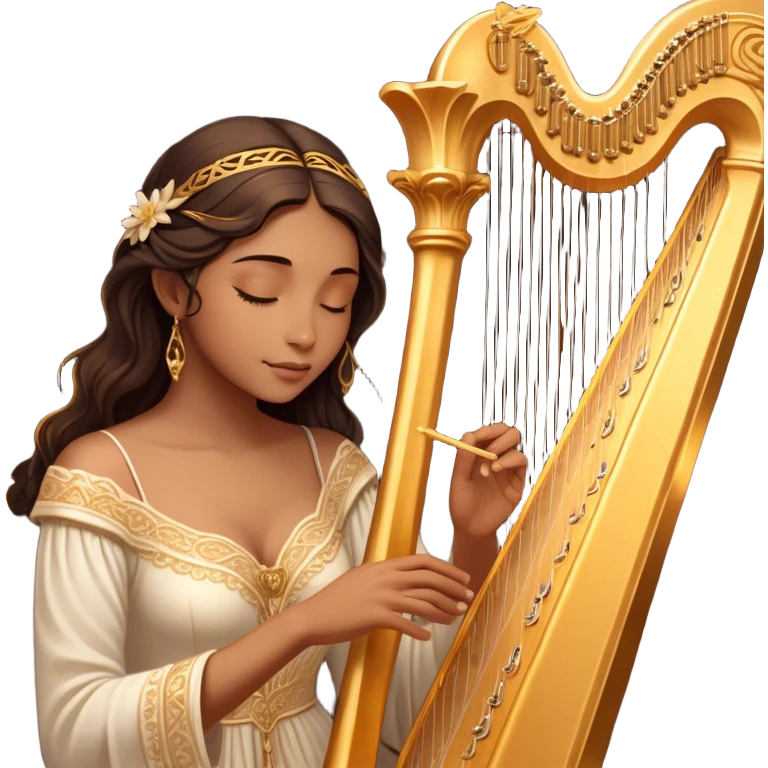 Cinematic Realistic Harp, a grand golden harp with intricately carved details, delicate strings shimmering under soft candlelight, rich wood tones adding warmth, a musician’s gentle fingers plucking a note, glowing with an ethereal and majestic aura. emoji