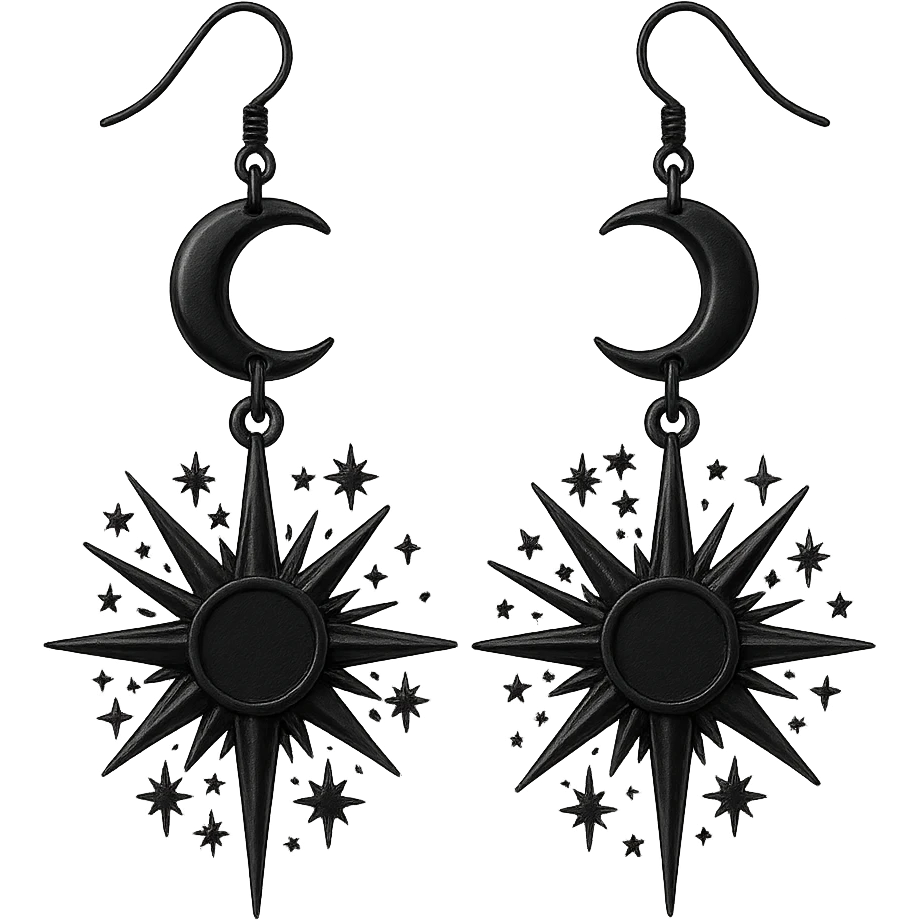 goth earrings, black starburst, celestial gothic style, bold, detailed emoji