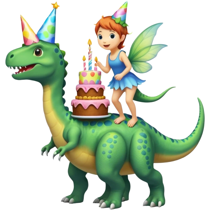 Fairy riding a dinosaur with a birthday cake  emoji