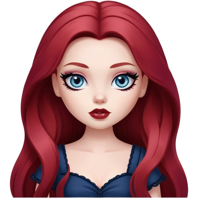  long dark red hair, pale skin, dark blue eyes, pretty bratz baddie, black eyeliner, blush emoji