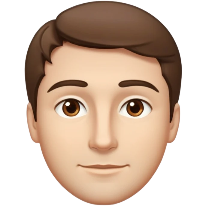 He has short, slightly wavy brown hair and an oval-shaped face. His eyes are light brown, and his eyebrows are moderately thick. His skin is fair with a few subtle blemishes. He has a straight nose and full lips, often curved into a slight smile.  emoji