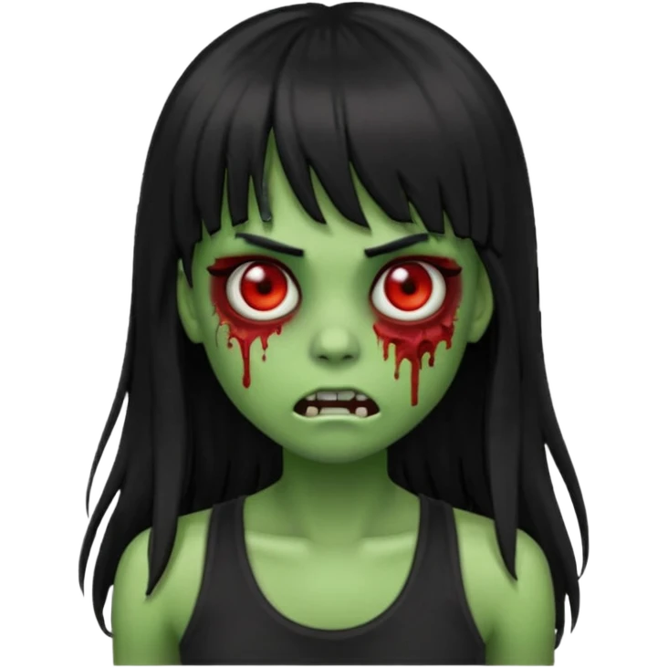 Zombie emoji with long hair black and bangs, with green skin, big red eyes, small nose, and a simple black tank top.  emoji