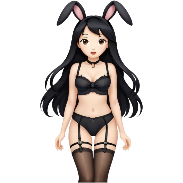 Beautiful Asian woman with full lips, long flowing hair and brown eyes, intimate, sfw black nylon stocking and garter belt, standing pose, wearing black rabbit ears, sfw emoji