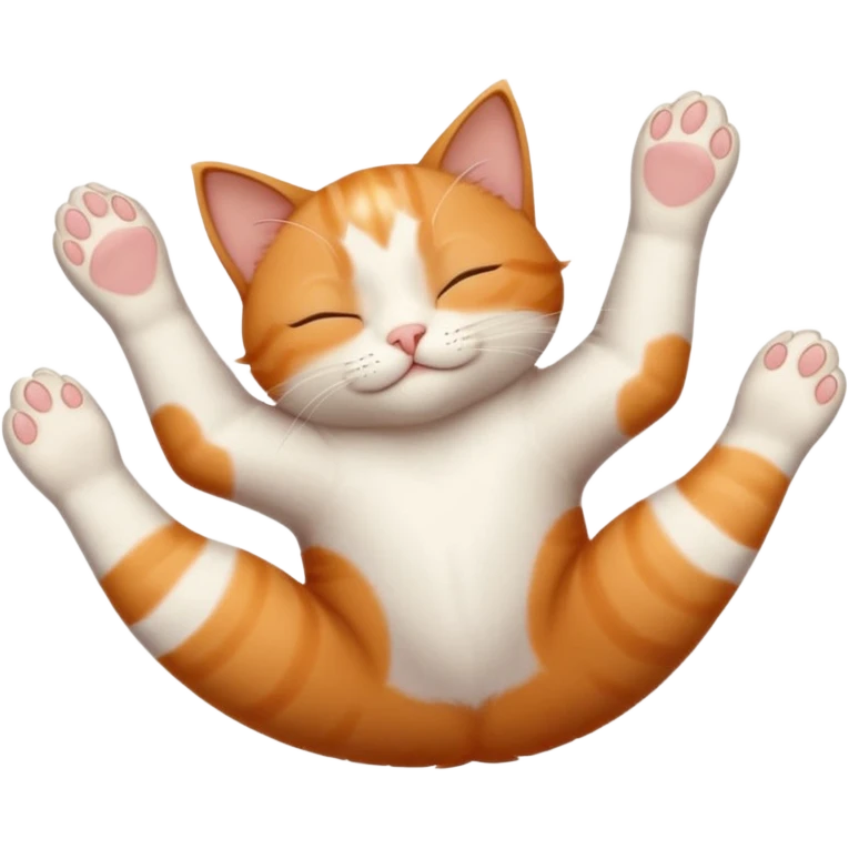 ginger and white small cat eyes closed lying down upside down with paws stretched out in different directions emoji