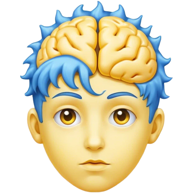 A real person face emoji, skin is emoji yellow, and hair is a blue brain emoji