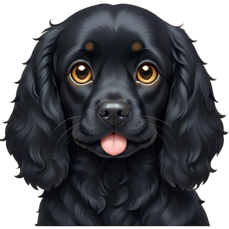 Cinematic Cute Black Cocker Spaniel Portrait Emoji, Head tilted playfully and inquisitively, featuring a glossy black coat with delicate tan accents, round, sparkling dark eyes brimming with curiosity, Simplified yet irresistibly adorable features, highly detailed, glowing with a warm, friendly glow, high shine, affectionate and lively, stylized with a touch of whimsy, bright and endearing, soft glowing outline, capturing the essence of a mischievous yet loving pup, so playful it feels like it could bound out of the screen and into your arms! emoji