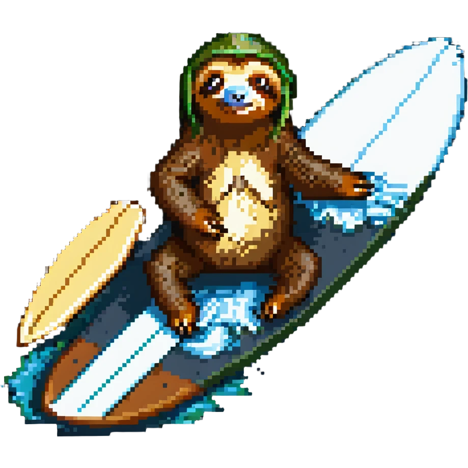 a sloth surfing, pixel art style emoji