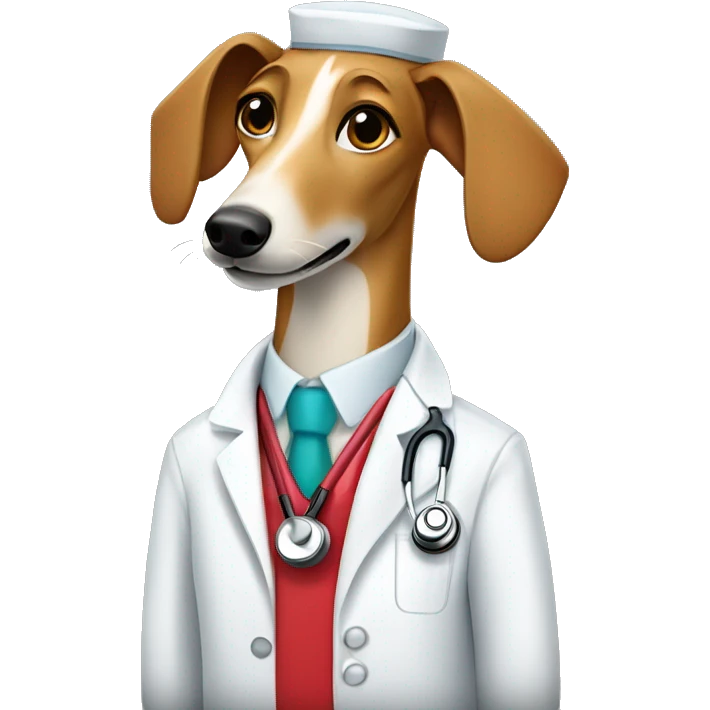 Red fawn greyhound wearing a doctors coat and stethoscope  emoji