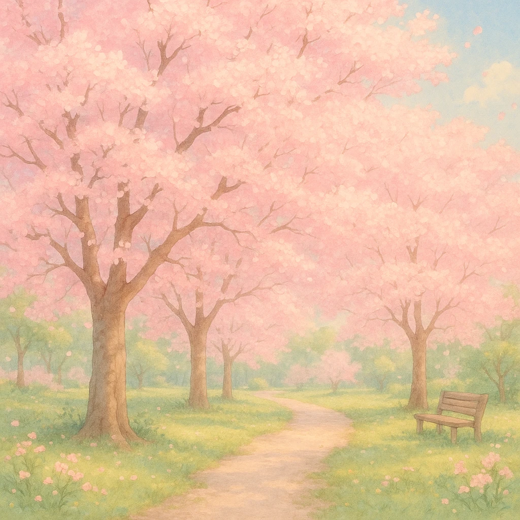 spring park landscape with cherry blossoms in full bloom, romantic feeling, delicate depiction emoji