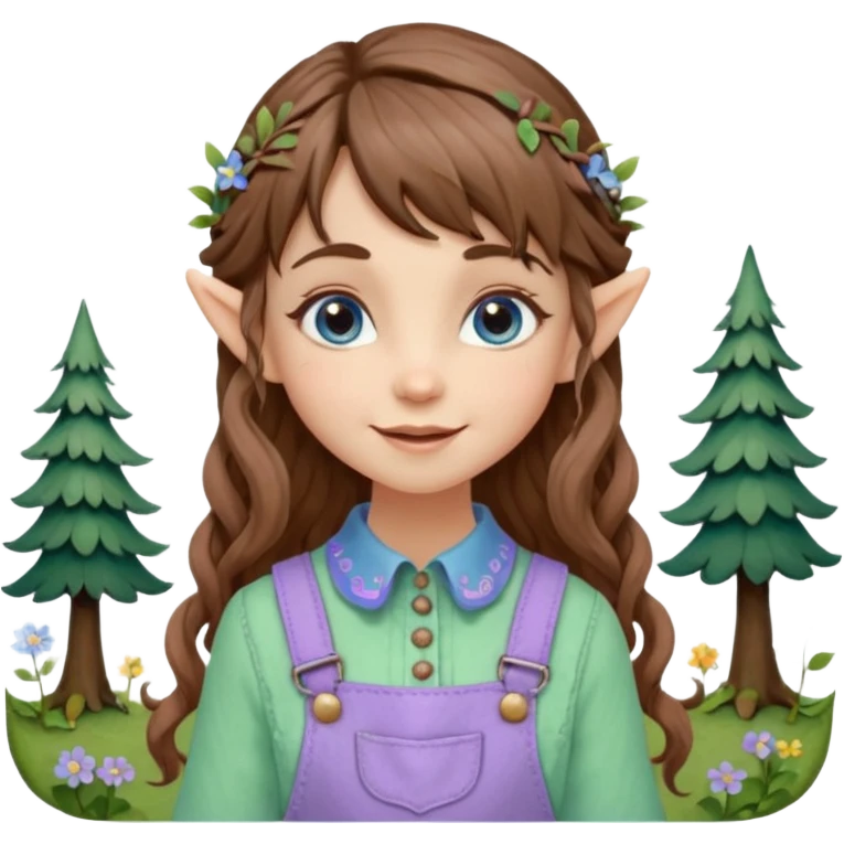 Kind happy whimsical quirky Girl toymaker, wood carving elf. Woodland nature creator. Blue eyes. brown hair (just below chin length) wavy hair & bangs. Whimsical playful cute. Overalls with nature embroidered cute shirt collar. Light green, light purple and light blue colour aesthetic  emoji