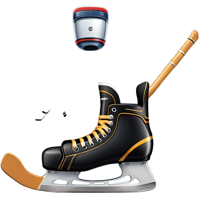 Please, make An icon featuring close-up shots of key hockey equipment: a hockey stick, puck, and skates. The background shows a packed stadium with cheering fans, bright arena lights, and an icy rink. Transparent background highlights the essentials of the game and the thrill of the sport. emoji