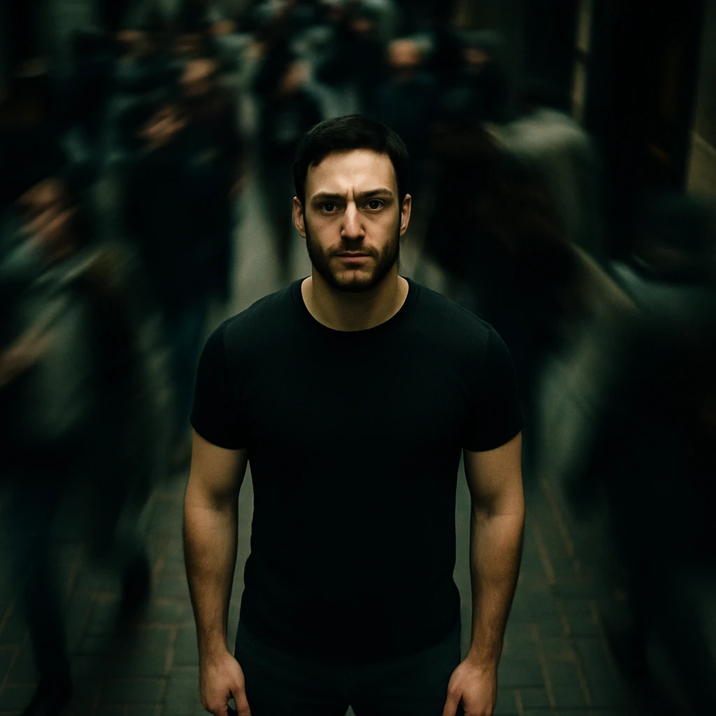 Cinematic overhead shot of the person from the reference image, without headphones, wearing a black shirt. The subject is athletic and well-muscled (not exaggerated), standing still on a brick city sidewalk. Motion-blurred crowd rushes past around him. Moody lighting, 35mm film look, shallow depth of field, sharp focus on the subject. Urban atmosphere. Render in a style suitable for cinematic photography with moody lighting and shallow depth of field. emoji
