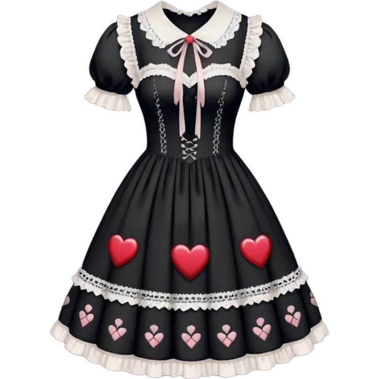 A beautiful Lolita dress with laces, cross-stitches, dark gothic color palette theme, strings, heart patterns textile, beautiful, aesthetic clothing emoji