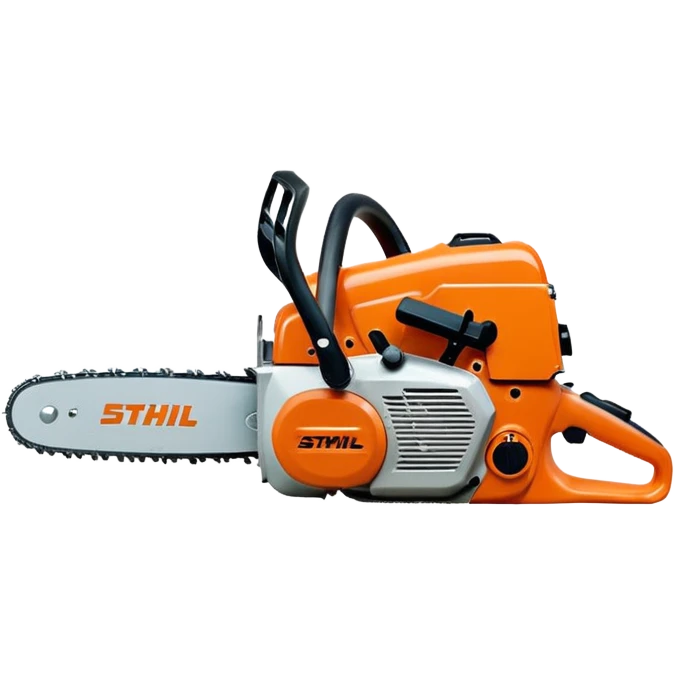 Kettensäge Stihl MS500i von der Seite, mit gut sichtbarem Stihl-Logo, orange-graue Farben, einfacher Emoji-Stil emoji